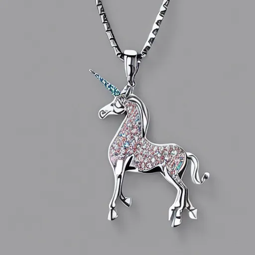 Prompt: a lovely silver cartoon unicorn necklace pendant, pandora style, tiffany style, swarovski style, van cleef & arpels style, cartier style, boucheron style, bulgari style, chaumet style, elegant, noble, stylish