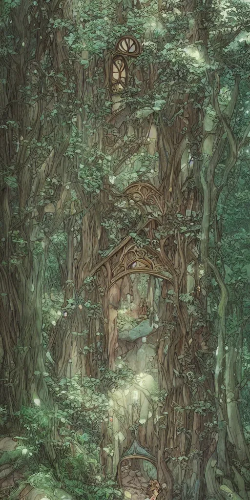 Image similar to an elvish Fairy house in the Woods, fantasy, art nouveau, daylight, warm light, spring, studio ghibli, Moebius, siya oum, ultra detailed, High definition, Sharp