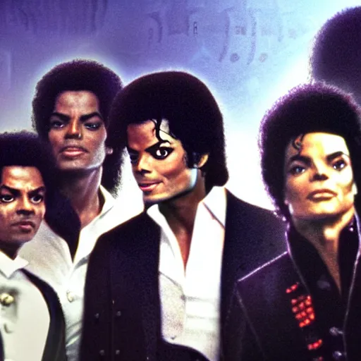 Image similar to michael jackson talking to the jacksons 5 michael jackson, movie still 8 k hdr atmospheric lighting