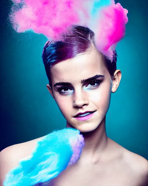 Image similar to a dramatic lighting photo of a beautiful young woman emma watson with cotton candy hair. paint splashes. with a little bit of cyan and pink