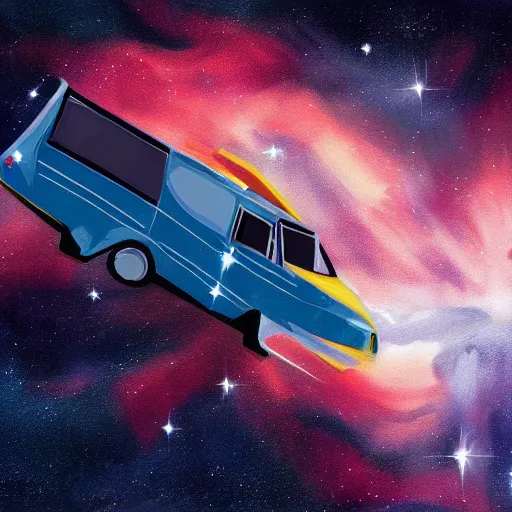 Image similar to a concept art painting of a space van flying in front of a nebula