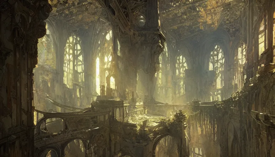 Image similar to a beautiful intricate painting of a abandoned dungeon, reflections, very high details by william turner art, greg rutkowski and alphonse mucha, trending on artstation, very very detailed, masterpiece,