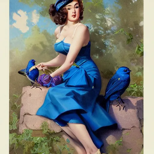 Image similar to portrait of a pinup girl holding an indigo bunting, bird, the bird is wearing a bowtie, by greg rutkowski, rossdraws, gil elvgren, enoch bolles