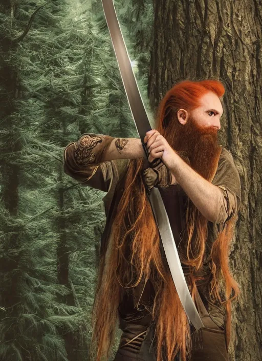 Image similar to 8K, grungy redhead 30-something bearded long haired swordsman holding a short curved sword in a ultradetailed pacific northwest redcedar forest, smooth, sharp focus, illustration. sharp focus, grungy matte painting detailed, intricate, cinematic lighting,