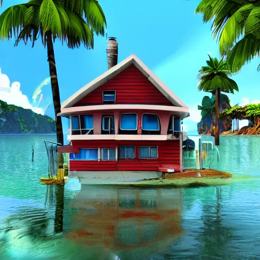 Image similar to Gorillaz Plastic Beach house on island, Realistic, HDR, 2010 style,,