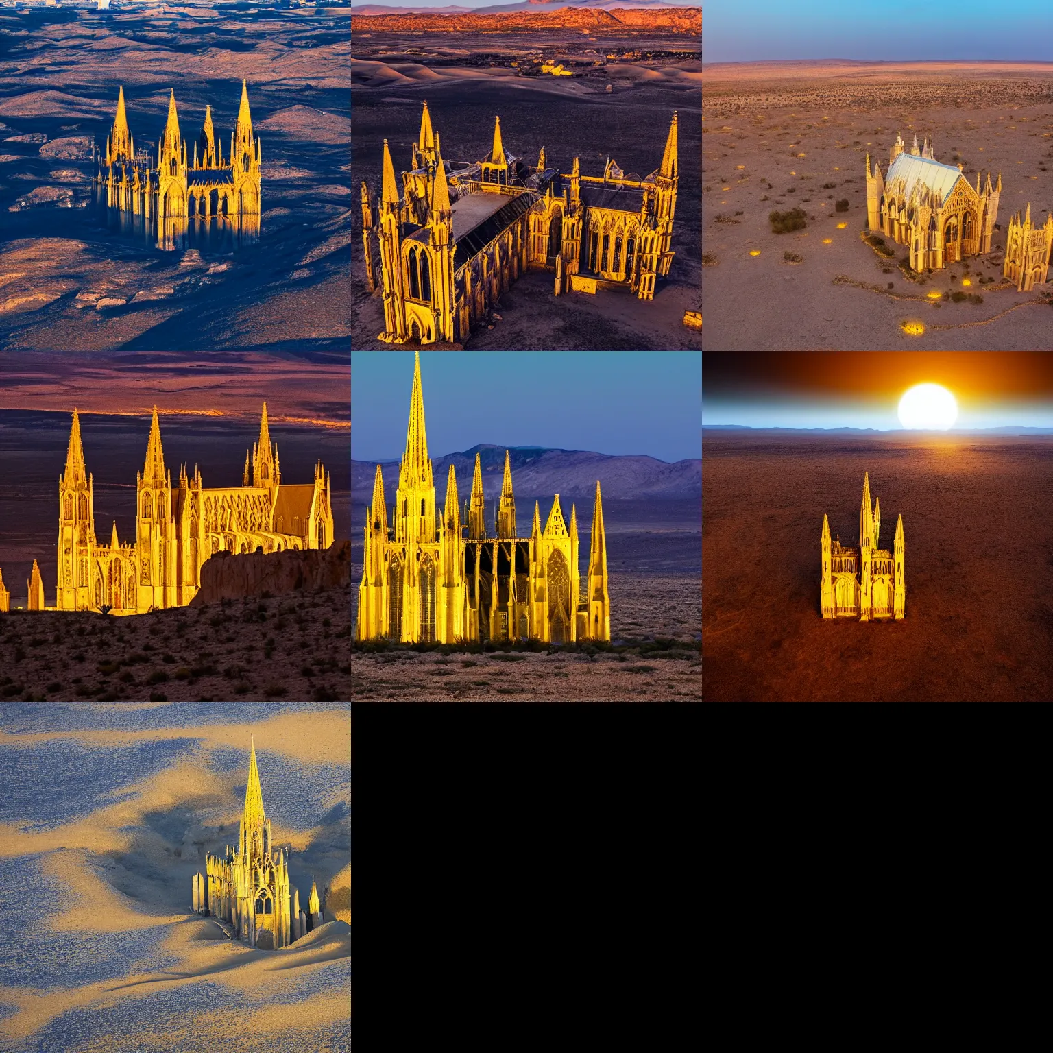 Prompt: gothic cathedral made of gold,in a desert plateau,view from above,8k,full moon,night time
