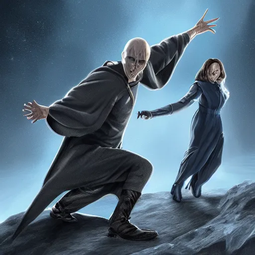 Prompt: a picture of harry potter breaking voldemort's spine over his knee, back breaker, star trek, intricate, highly detailed, digital painting, artstation, concept art, 4 k