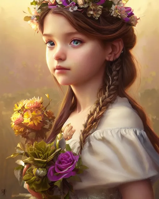 Image similar to highly detailed vfx portrait of a flower girl, wonderful eyes, long hair, deep focus, d & d, fantasy, refined, elegant, high detail, digital painting, artstation, concept art, matte, clear focus, illustration, hearthstone, art by artgerm and greg rutkowski, fuji choco, victoria line gavrilenko and hoang power lines
