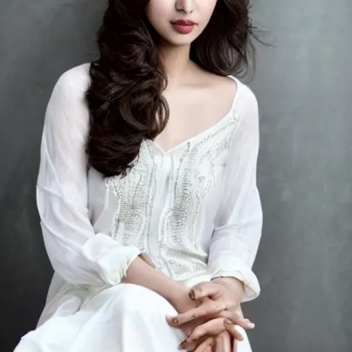 Prompt: Mahira Khan in white dress, studio lighting