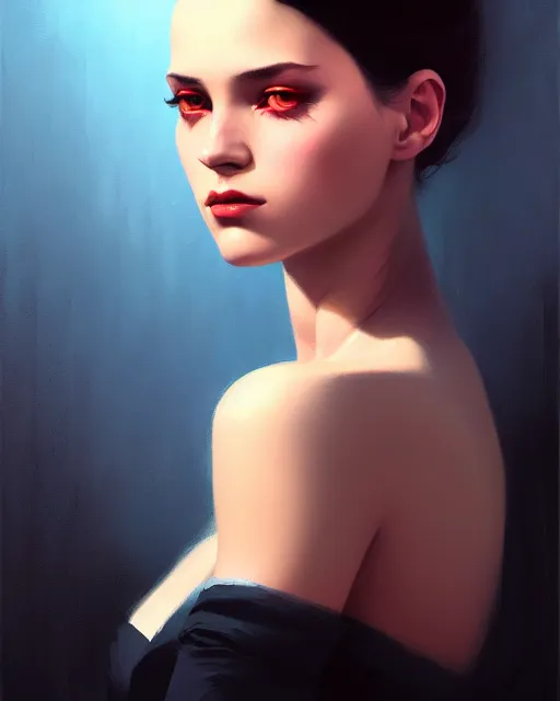 Image similar to stylized portrait of an artistic pose, composition, dark mysterious young lady, cinematic moody colors, one single head, realistic shaded, fine details, realistic shaded lighting poster by ilya kuvshinov, magali villeneuve, artgerm, jeremy lipkin and michael garmash and rob rey