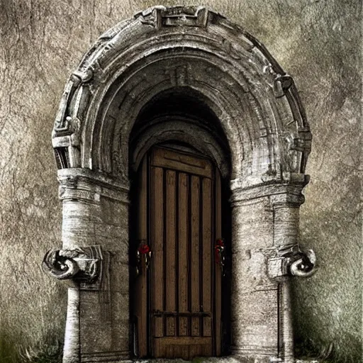 Image similar to beautiful matte painting of the grand ancient stone door, fantasy, sharp focus