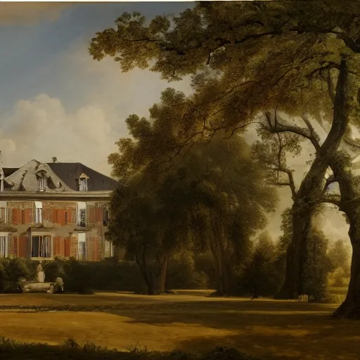 Image similar to a large serene beautiful matte painting of a delapitaded quaint french country mansion covered in a state of disrepair in vines, by asher brown durand and george ault featured on artstation