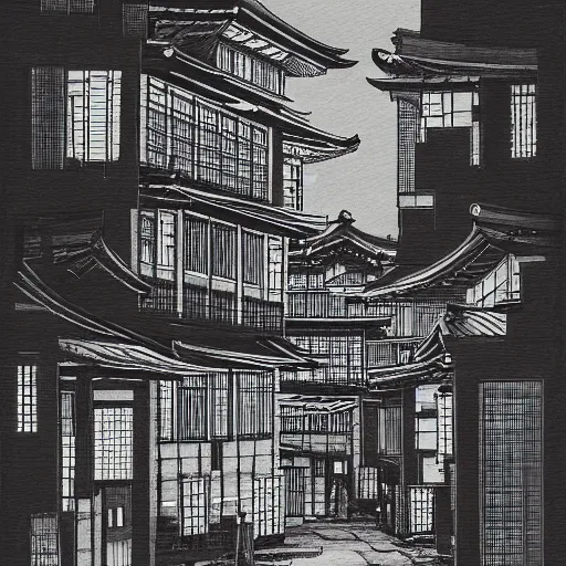 Image similar to a beautiful ink painting of buildings in japanese traditional style, in the style of hiroshi yoshida, at night, light effect, detailed, high - definition, exquisite isolated very detailed, moody lighting, 8 k highly detailed, trending on artstation