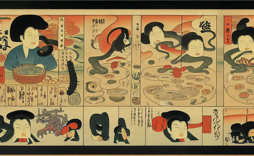 Image similar to business dashboard with time series charts, pie plots and other modern graphics, with small creatures with many eyes. diego rivera ( in modern ukiyo - e style, mexican muralism ). ravi supa.