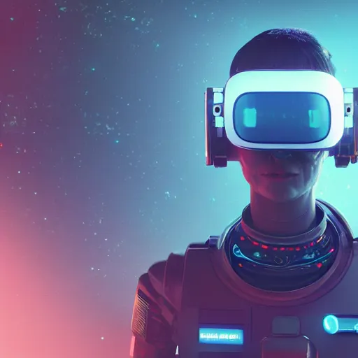 Image similar to cyberpunk astronaut bot, cinema 4 d, galaxy space sci - fi, wearing vr goggles, illustration, portrait, pastel neon textured background night, trending on artstation, greg rutkowski, octane rendered, 1 2 k, detailed,