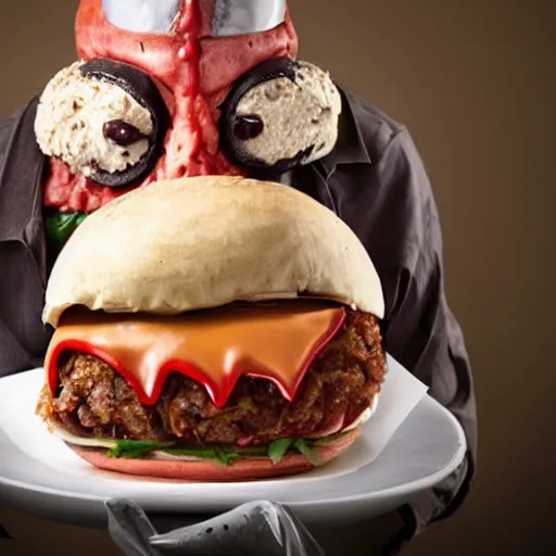 Image similar to a humanoid bipedal upright zombie that strongly resembles a hamburger, professional food photography