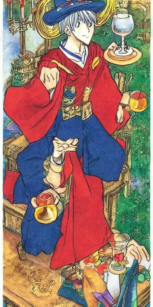 Image similar to a mystical man with a goblet on the table, wizard hat, drawn by Naoko Takeuchi, tarot card