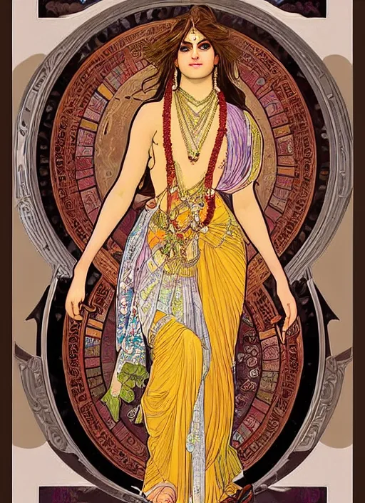 Image similar to a fully dressed!!! portrait of beautiful ornated hanuman!!!! god with flowing medium hair, soft facial features, kind appearence, digital art by alphonse mucha, inspired by krishen khanna and madhvi parekh, symmetrical body, artgerm, portrait, muted color scheme, highly detailed, outrun art style