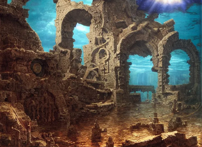 Prompt: a big robot!!! discovers the ruins of a partly submerged temple to the elder gods, golden hour, dramatic lighting, fluid, smooth, bright, colours, high contrast, sharpness, very detailed, intricate, by donato giancola, gustave dore and junji ito and caravaggio