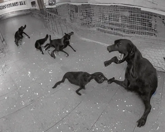 Prompt: camera footage of a Dozens of Aggressive Feral Black Dogs with rabies running in an abandoned shopping mall, high exposure, dark, monochrome, camera, grainy, CCTV, security camera footage, timestamp, zoomed in, Feral, fish-eye lens, Nightmare Fuel, Dog, Evil, Zerg, Brood Spreading, Motion Blur, horrifying, lunging at camera :4