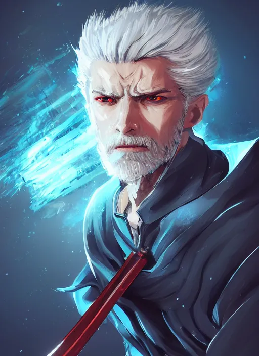 Image similar to a highly detailed illustration of furious short slick back white haired man wearing dark blue coat, bright blue eyes, heroic dramatic wielding katana pose, intricate, elegant, highly detailed, centered, digital painting, artstation, concept art, smooth, sharp focus, league of legends concept art, wlop