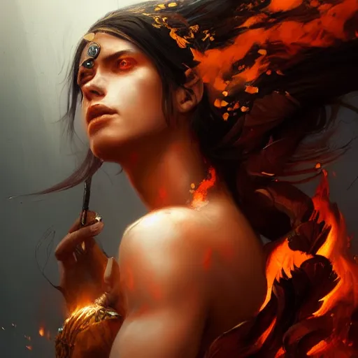 Image similar to a beautiful portrait of a fire goddess by greg rutkowski and raymond swanland, trending on artstation, flaming background, ultra realistic digital art