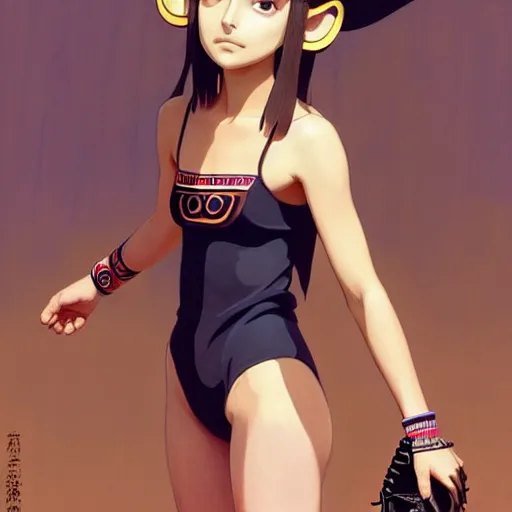 Image similar to beautiful boyish natalie portman alluring gravure model in majora's mask, wearing wooden mask and baseball cap and leotard, street wear with subtle mayan patterns, aztec bathing suit, gapmoe yandere grimdark, trending on pixiv fanbox, painted by greg rutkowski makoto shinkai takashi takeuchi studio ghibli, akihiko yoshida