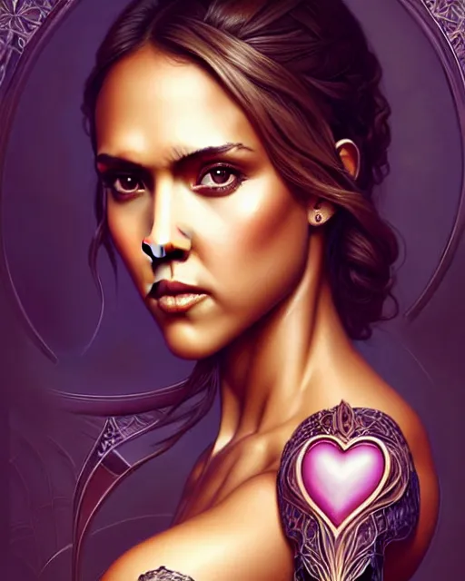 Prompt: Beautiful and playful Jessica Alba portrait, art nouveau, fantasy, intricate heart shaped designs, elegant, highly detailed, sharp focus, art by Artgerm and Greg Rutkowski and WLOP