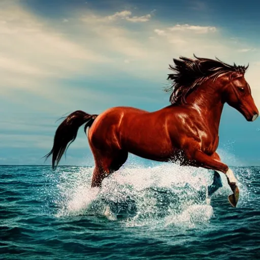 Image similar to a horse prancing in the ocean, cinematic shot