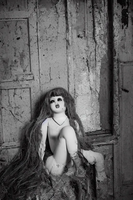 Prompt: dirty cracked screaming vintage doll maggots in eyes in darkly lit dusty basement cobwebs richard avendon photo