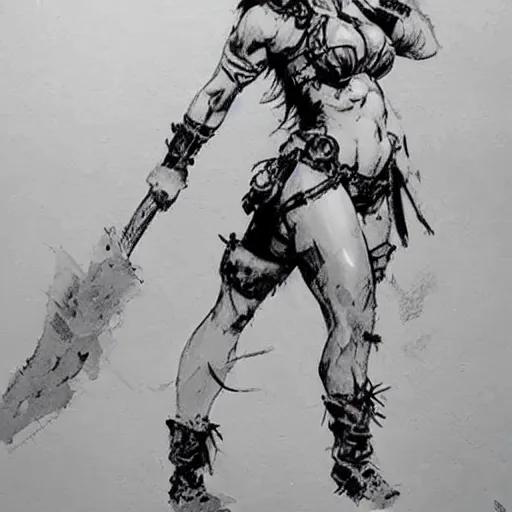 Image similar to very beautiful female barbarian, looking fierce, perfect face, perfect body drawn by ashley wood