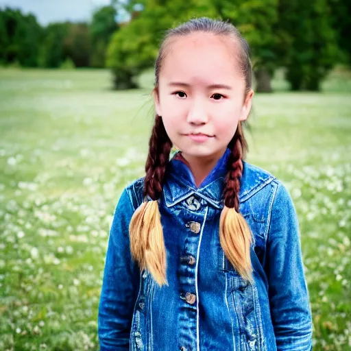 Image similar to a young girl plays on a great green meadow, she wears a jacket, jeans and boots, she has ponytails, photo taken by a nikon, highly detailed, sharp focus