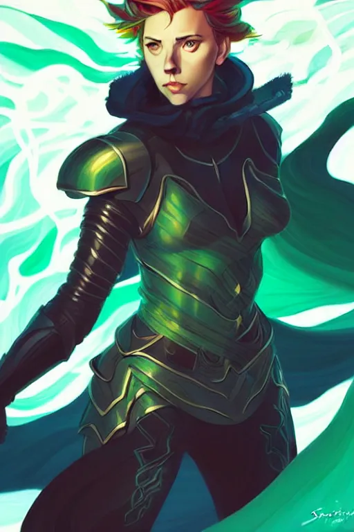 Image similar to style artgerm, joshua middleton, illustration, scarlett johansson as rune knight wearing green pelt light armor, anime eyes, blue hair, swirling water cosmos, fantasy, dnd, cinematic lighting