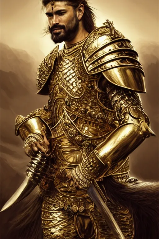 Image similar to Hyper-realistic Portrait of the King of the Desert, Warrior Man, Gold Armour and Crown, Sword, handsome attractive face, beautiful face, photo realistic, highly detailed, dramatic lighting, majestic, trending on artstation, elegant, intricate, highly detailed, digital painting, concept art, sharp focus, illustration, art by artgerm and greg rutkowski and alphonse mucha