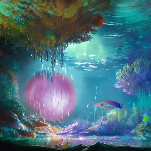 Image similar to a beautiful and vivid and colorful Grzegorz greg rutkowski watercolor and matte painting of an underwater discotheque with a disco ball and mermaids and fish and a colorful rainbow seaweed forest. trending on ArtStation