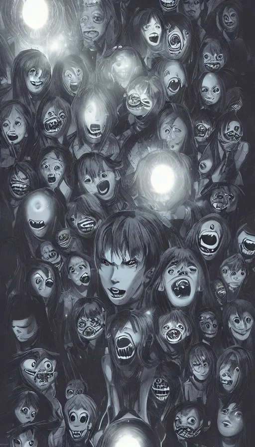 Image similar to a storm vortex made of many demonic eyes and teeth, by ilya kuvshinov