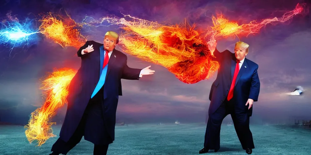 Image similar to obese donald trump casting fireballs, colorful hd picure, lightning in the background