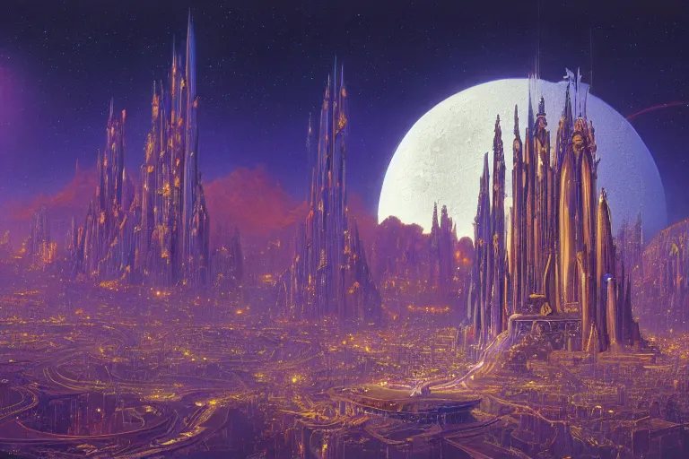 Prompt: shiny moon city in cosmic space by tim hildebrandt, wayne barlowe, bruce pennington, donato giancola, larry elmore, smooth curves, smooth spires, trending on artstation, cinematic composition, beautiful lighting, sharp, details, hd, 8 k