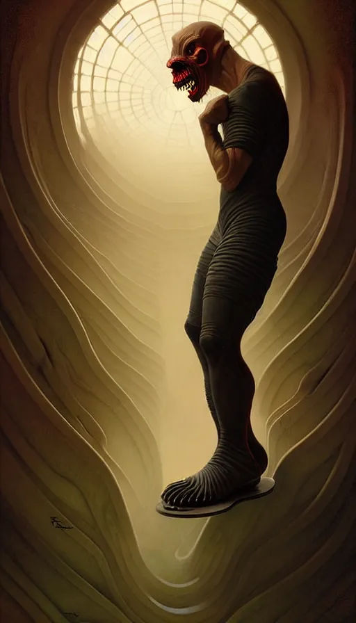 Prompt: portrait of a demon wearing toe shoes ( vibram five fingers ), digital art, centered, smooth texture, abstract, highly detailed, elegant, martina fackova, cristi balanescu, todd lockwood, tyler jacobson, greg rutkowski, alphonse mucha, karol bak, magalie villeneuve