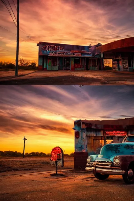 Image similar to a sunset light landscape with historical route 6 6, lots of sparkling details and sun ray ’ s, blinding backlight, smoke, volumetric lighting, colorful, octane, 3 5 mm, abandoned gas station, old rusty pickup - truck, beautiful epic colored reflections, very colorful heavenly, softlight