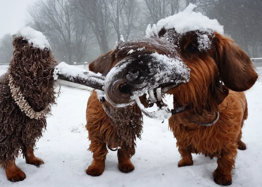 Prompt: Giant woolly dachshund with tusks, in the middle of a snow storm