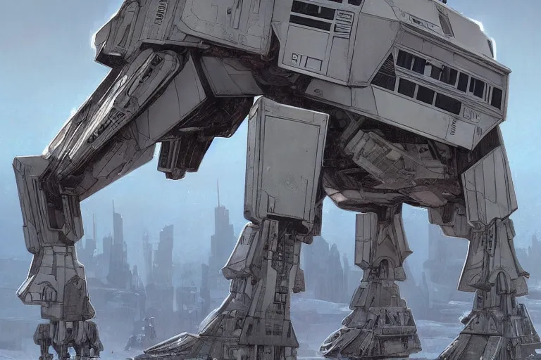 Prompt: comic book illustration, star wars AT-AT on hoth, cyberpunk concept art by artgerm and Alphonse Mucha and Moebius, highly detailed, intricate, sci-fi, sharp focus, Trending on Artstation HQ, deviantart