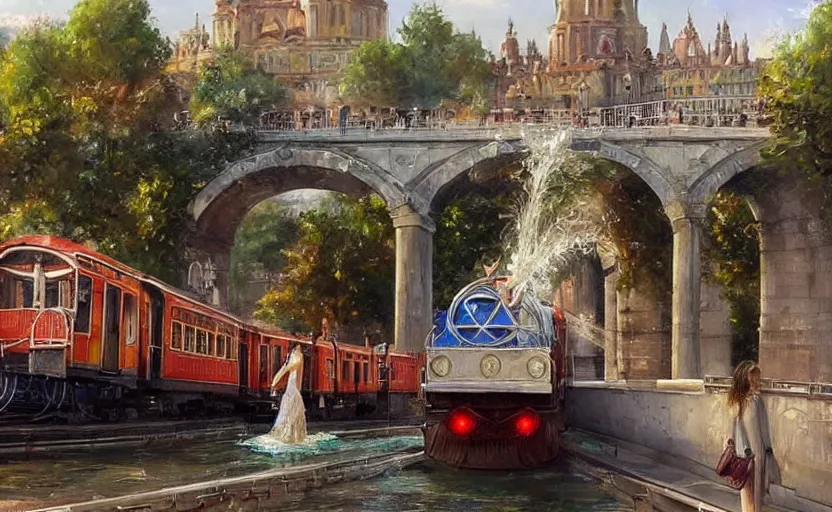 Image similar to Beautiful alchemy urban train that rides inside of a waterway on a fantasy city, next to a fountain and a mystical palace. By Konstantin Razumov, highly detailded