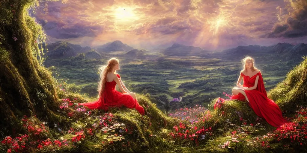 Image similar to an elegant fairy queen in a red lace dress sitting and looking out at a lord of the rings scenery landscape, vast lush valley flowers and giant mushroom structures, river, sunrise, god's rays highly detailed, vivid colour, soft clouds, floral sunset, cinematic lighting, perfect composition, 8 k, gustave dore, derek zabrocki, greg rutkowski, belsinski