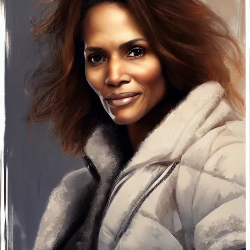 Image similar to portrait of maci holloway, first woman elected as president in usa, cold but beautiful, about 3 5 years old, highly detailed, mix of halle berry and julia roberts, artstation hd, deviantart, by artgem, greg rutkowski