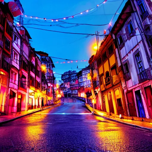 Prompt: cinematic shot of the city of Porto Portugal, with neon lights and flying cars