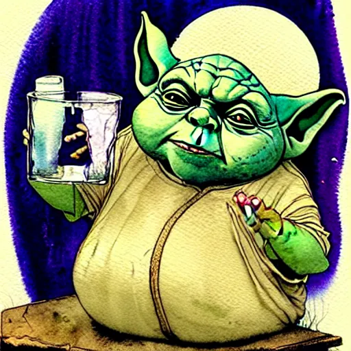 Image similar to a realistic and atmospheric watercolour fantasy character concept art portrait of a fat chibi homeless yoda wearing a wife beater drinking out of a broken bottle, by rebecca guay, michael kaluta, charles vess and jean moebius giraud