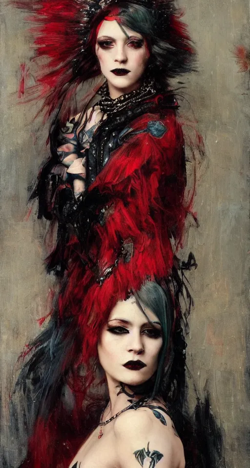 Image similar to one person only. One head only. Long flowing dress. Solomon Joseph Solomon and Richard Schmid and Jeremy Lipking victorian genre painting portrait painting of a young beautiful woman punk rock goth with punk rock haircut in fantasy costume, red background