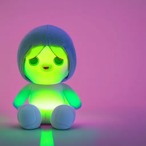 Image similar to cute fumo plush girl who is photoluminescent, jelly glow, neon lens flare, vray