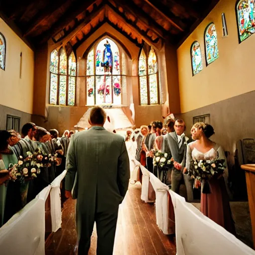 Image similar to a rhinoceros wearing a tiny suit in a wedding chapel, photo realistic, detailed, cinematic lighting, kodachrome